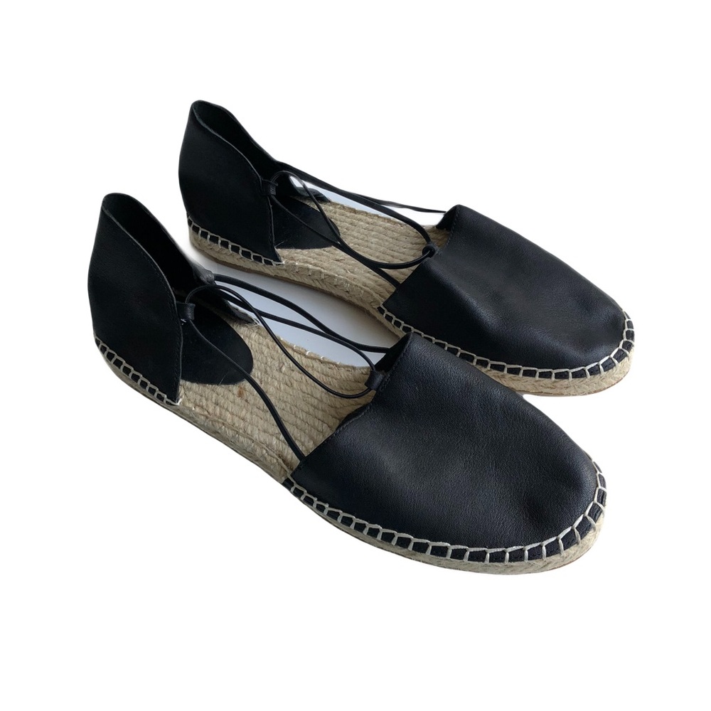 Eileen Fisher Lee Leather Espadrilles Size 11 Black Jute Strappy Sandals Flats